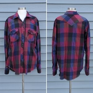 Vintage 80s‎ Wrangler Pearl Snap Brushpopper Maroon Blue Purple Flannel Shirt XL